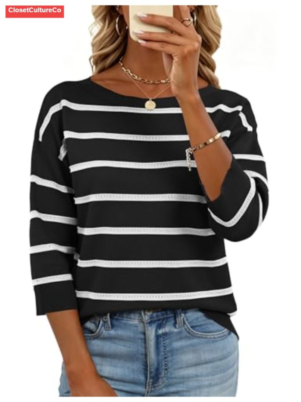 Women's Lightweight Knit 3/4 Sleeve Boat Neck Pullover Sweater Casual Summer Top